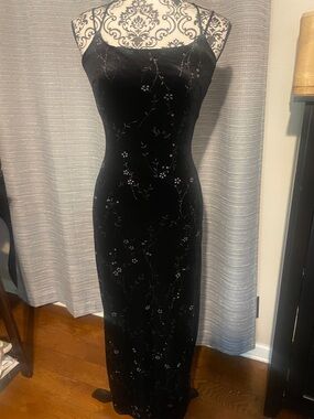 Black Velvet Maxi Slip Dress with Delicate Floral Embroidery